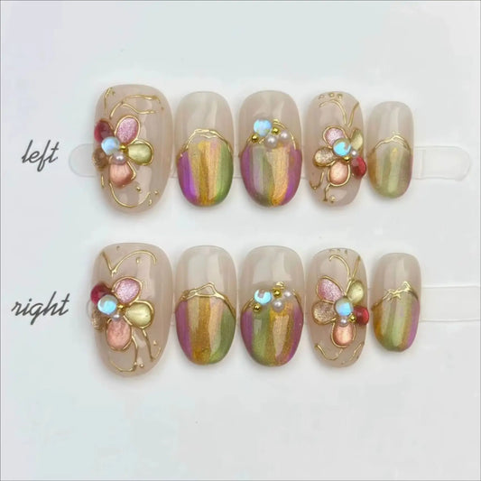 10Pcs Summer Short Almond Pink Sweet False Nails Full Cover Cute Strawberry Cherry Bow Fashion Manicure Detachable Nail Tips Set