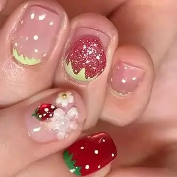 24Pcs Short Square Ballet Press on Nails Summer Strawberry Cat-eye Gradient Polka Dot Pearl Young Girl Detachable False Nail Art