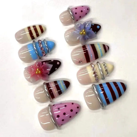 24Pcs Short Almond Colorful Striped Polka Dot Design False Nails French Floral Rhinestone Versatile Removable Nail Art for Women