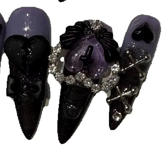 10Pcs French Exquisite Handmade Press on Nails Black Bow Rhinestone Glitter Design Long Manicure Wearable Fake Nail Tips Set 네일팁
