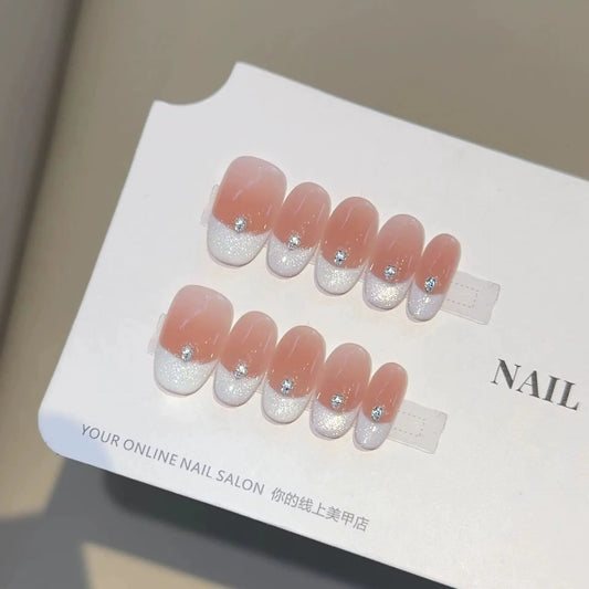 10Pcs/set Handmade Acrylic Press on Nails Shiny White Cat Eye French Designs Lovely Fake Nails Wearable Nails Art Tips for Girls