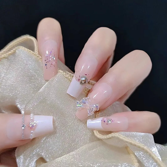 24Pcs Pink French Designs Acrylic False Nails Full Cover 3D Sweet Bow Short Ballet Press on Nails with Pearls Chain Manicure Set