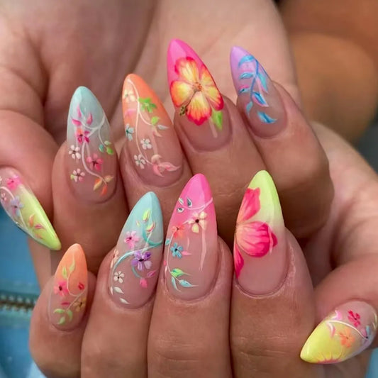 24Pcs Gilded Flower Dot Design Press on Fake Nails Mid-length Nude Almond False Nails Detachable Finished Full Cover Nails Tips