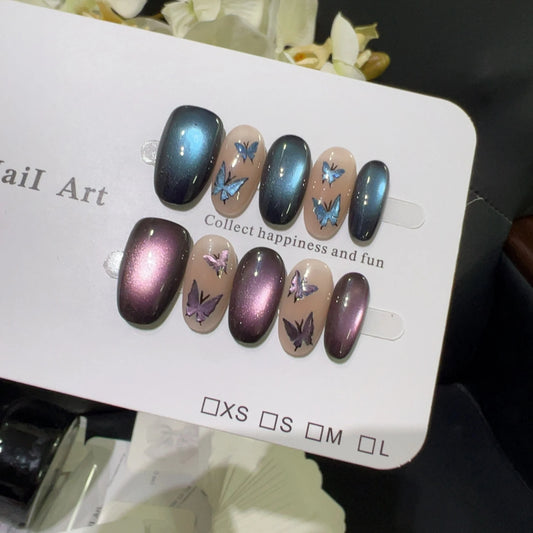 10pcs high-end Bow blue cat's eye handmade fake nails, Light luxury short and elegant nail decoration patches for women