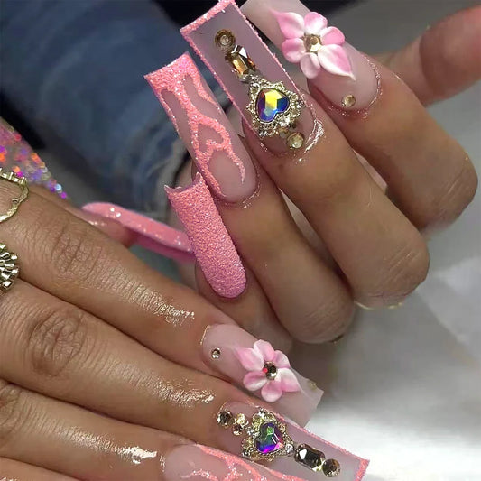 24Pcs Long Square Head Nails Set Press on Red Wavy Stripe Wearable Fake Nails with Rhinestone Design Full Cover False Nails Tips