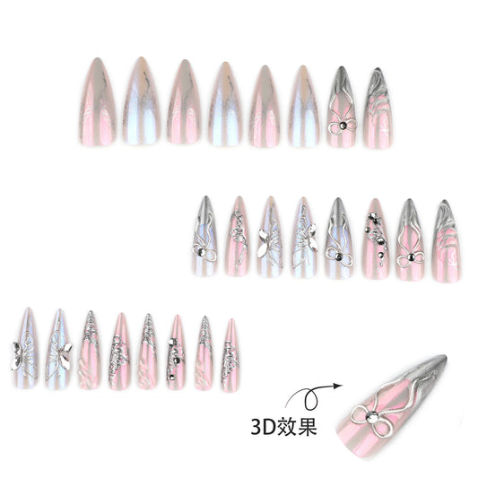 24pcs Y2k 3D Sliver Bow Decor Press on Nails Glossy Long Almond Colorful Aurora False Nails Women Wearable French Fake Nail Tips