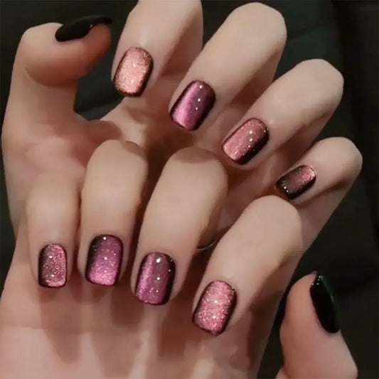 24Pcs Short Glitter Solid Color Fake Nails Press on Ballerina Nail Art Full Cover Cat Eye Wearable Artificial Nail Manicure Tips