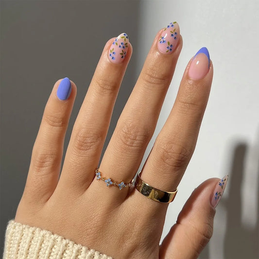 24pcs Flower Press on False Nails Sets Colorful Flower Pattern Full Cover Nail Tips Reusable Simple Short Almond Fake Nails Art