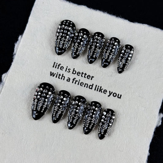10pcs high-end Dark-themed punk junk style, hand-painted round diamonds, dazzlingly bright full of diamonds handmade fake nails