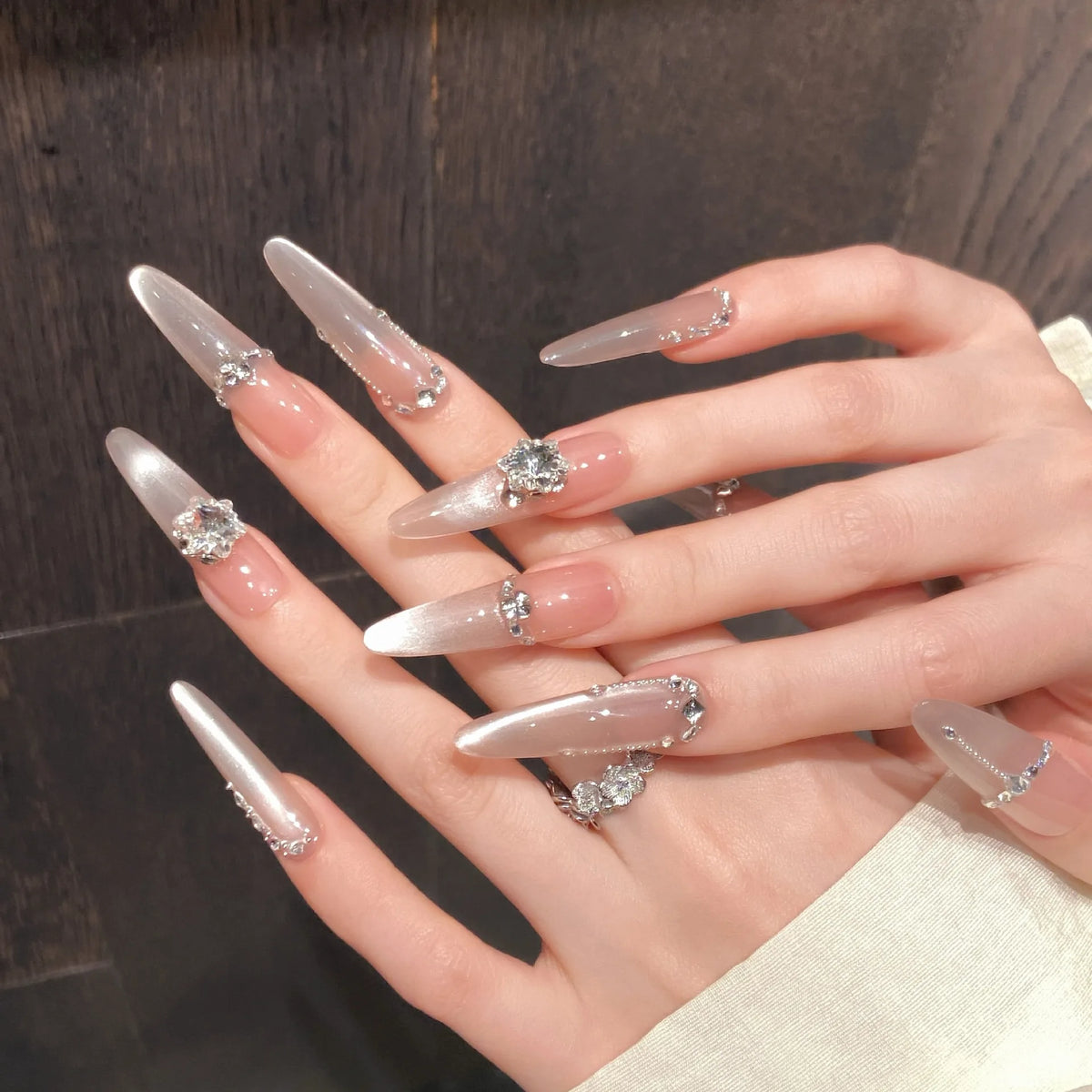 10pcs Handmade Press On Nails Glossy Cat's Eye Shiny Rhinestone Decor False Nails Ins Simple Fake Nail Detachable Manicure
