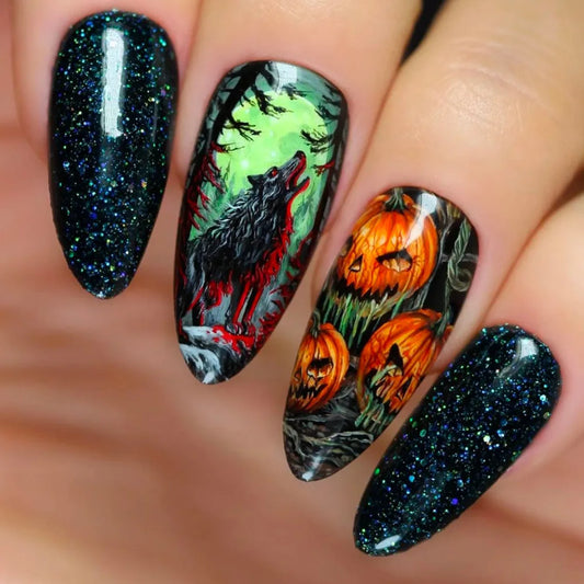 24Pcs Mid-length Almond Fake Nails Press on Pumpkin Ghost House Halloween False Nails Spider Web Wearable Full Cover Nails Tips