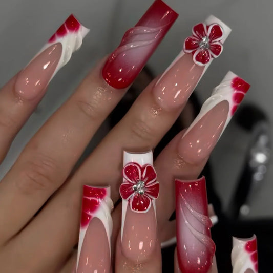 24pcs Glitter Pearl False Nails Flower Long Square Press on Nails Sets with White Smudge Design Fake Nail French Coffin Manicure