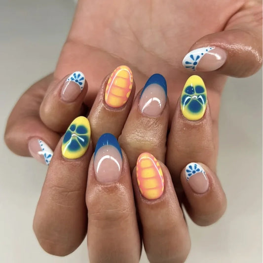 24pcs Short Oval False Nails Sets Fashion Blue French Round Press on Nails with Flower Design Fake Nail Acrylic Manicure Tips