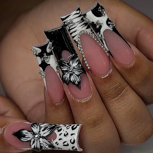 24pcs Shiny Ripple Press on Nails Ocean Blue Gradient French Tips Square Fake Nail Pink Flower Design False Nail Simple Manicure