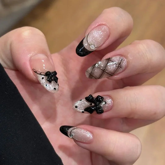 24pcs Simple Cat's Eye Fake Nail Tips with Line French Diamond Long Almond False Nails Sets Press on Nude Pink Wearable Nails