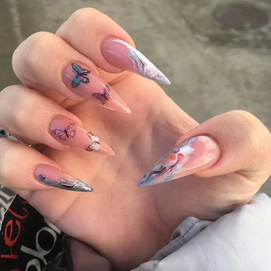 24Pcs Long Stiletto False Nails Shiny Powder White French Press on Fake Nails Rhinestone Wearable Finished Full Cover Nails Tips