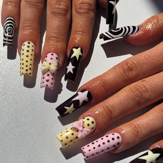 24pcs Wave Point Long Coffin Fake Nail Macaron Bowknot Five-pointed Star Y2k Press On Nails Spiral Pattern Sweet Cool False Nail