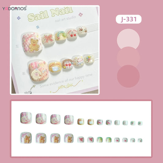 24pcs Sweet Cartoon False Toenails For Women Girls Cute Pet Tea Party Series Little Bear Press On Nail Square Shape Fake Toenail
