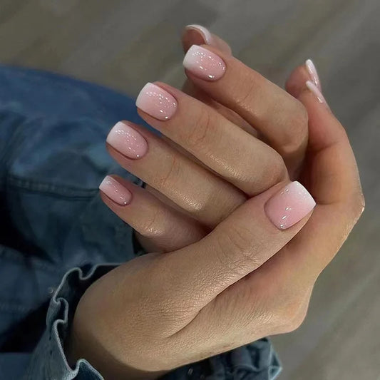 24pcs Simple White French Tips Fake Nails Cute Wearable False Nail Shiny Powder Design Full Cover Nail Finished Press on Nails