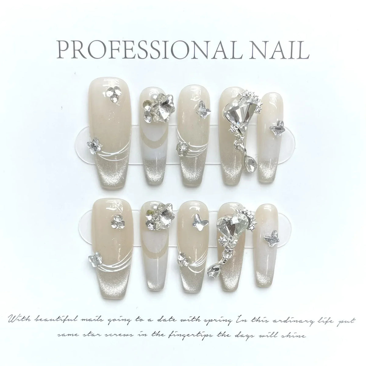 10Pcs Handmade Press on Nails Long Ballet Blue Fake Nails with 3D Ocean Moon Rhinestone Design False Nails Full Cover Nail Tips