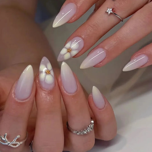 24pcs Short Almond False Nail Art Rhinestone Design Pink Nails Tips French Starfish Fake Nails Reusable Press on Nails Finished