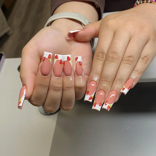 24pcs Short Square Fake Nails Art Colorful French Flower Design False Nail Wearable Press on Nails Sets Simple Manicure Finished