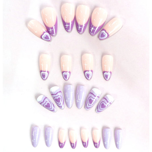 24PCS/ Almond Fake Nails Instantly Upgrade Your Appearance, Decorated With Purple Love Patterns, Simple and Generous, Suitable F