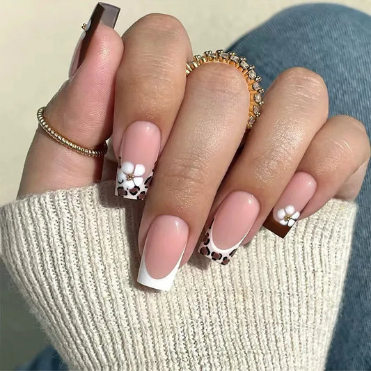 24pcs Bow Stick on Nail Sets Wearable French Long Square Fake Nails with Simple Love Pearl Design Press on False Nails Finished