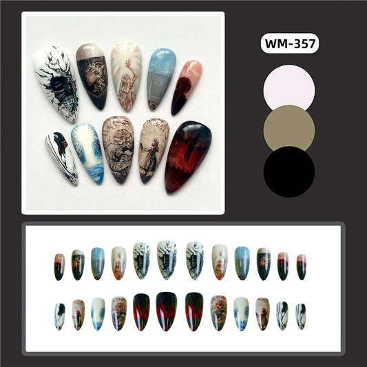 10pcs French Style Almond Fake Nails Hell's Angels Dark Halloween Theme Press On Nails Full Cover Party Wearable False Nail