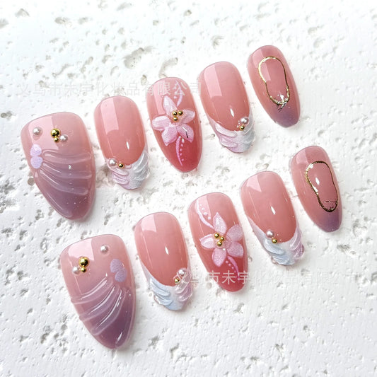 24Pcs Mid-length Almond False Nails Tips Orange Gradient Leopard Print French Nails Set Press on 3D Flower Detachable Fake Nails