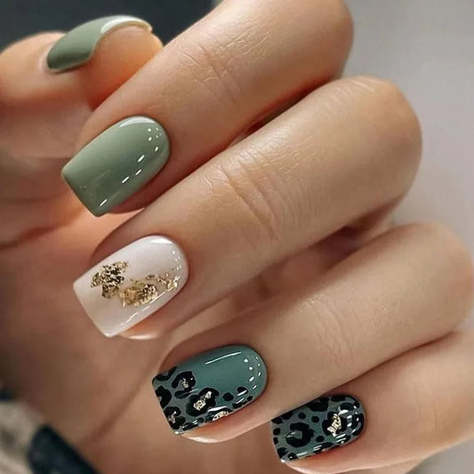 24pcs Green Full Cover Nail Leaves Design Press on Nails Tips Wearable Short Square False Nail Art with Glitter Ballet Fake Nail