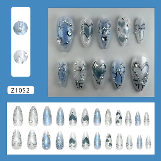 24pcs Y2k Almond Fake Nail Patches Dream Blue Love Heart Silver Bowknots Butterfly Design Press On Nail Flash Diamond False Nail