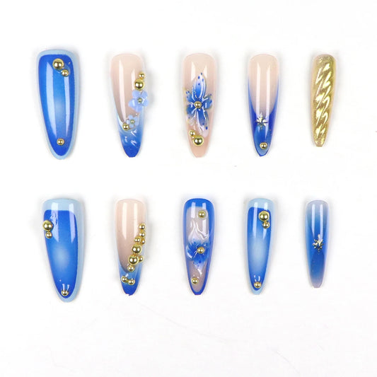 10pcs handcrafted wearable armor Instantly Upgrade Your Look With The blue flowers are designed with golden pearl water ripples