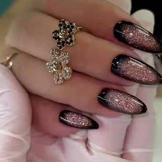 24Pcs Leopard Print Fake Nails Press on Long Almond French Removable Full Cover Nail Tips Wearable Finished Fingernails Nail Art