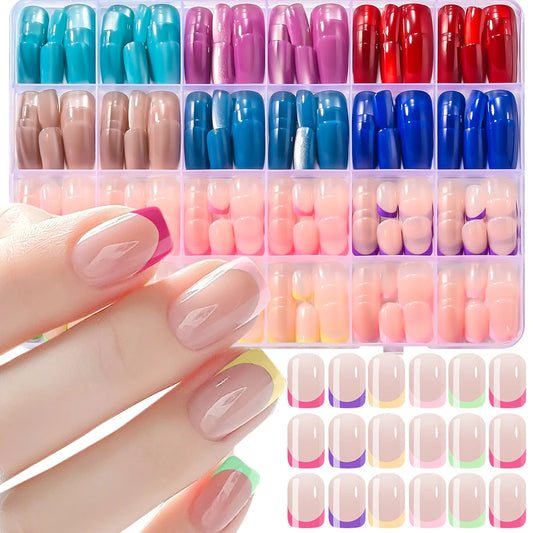 288pcs Red Blue Cat Eye Medium Coffin Press On Nails Colorful French Short Round Square False Nails Glossy Glitter Fake Nail Tip