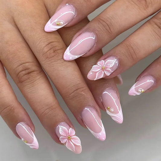 24pcs Flower Gilded Almond False Nails Gradient Green Full Cover Nail Tips Lines Pearl Design Press on Nails Wearable Fake Nail