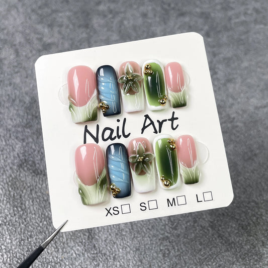 10Pcs Medium Coffin Handmade Press on Nails Green French Gradient Florals 3D Designs Stick on False Nails Wearable Manicure Tips