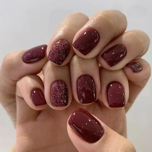 24pcs Solid Color Red Fake Nails Sets Press on Simple Glitter Design Short Round Nails Tips Detachable Square Ballet Manicure
