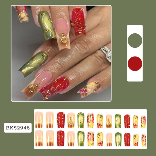 24pcs Baroque Gold Sun Decor Fake Nail Patches 3D European Ballet Coffin Press on Nails for Women Wearable French False Nails