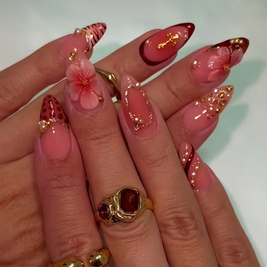 24pcs Ripple Flower Design French Fake Nails Sets Pearl White Tips Press on Nails Art Reusable Fruit Decor Full Cover False Nail