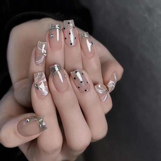 24pcs White French Press on Nails Detachable Short Square Fake Nails Art Simple Blood Pattern Ballet False Nail Sets Manicure
