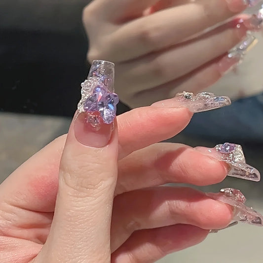 10pcs Handmade Press On Nails,Fantasy butterfly sparkling diamond fake nail design