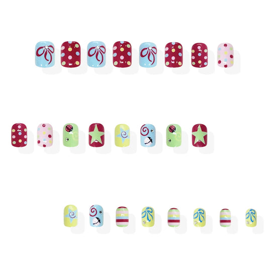 24Pcs Sweet Cool Short Fake Nails Y2K Style Star Bow Printed Press On Nails for Party Holiday Daily Wearable Fashion False Nails