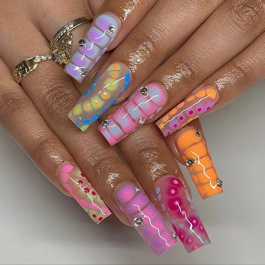 24pcs Rhinestone French Square Fake Nails Sets Colorful Smudge Design Long Ballet Stick on False Nail Starlight Press on Nails