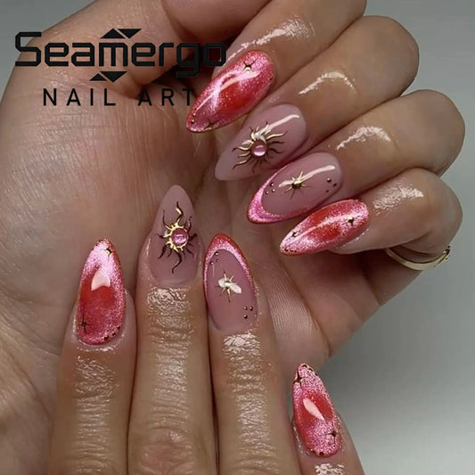 24PCS Pink Red Almond Press on Nails Sun Star Rhinestone Cat Eye Decor Glossy Reusable False Nails for Sweet Spicy Girls Wear 네일