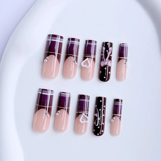24PCS Long Coffin Press on Nails Sweet Coquette Bow Heart Plaid Fake Nails Nude Purple French Tip Acrylic Nails with Rhinestone