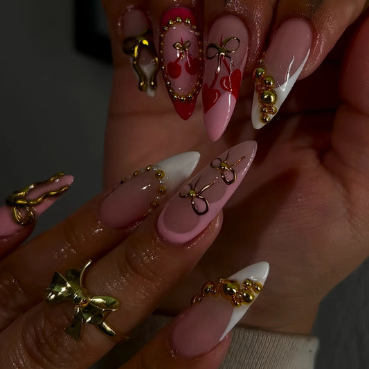 24pcs Long Almond Press on Nails Gold Bow Fake Nails Cherry Pattern False Nail Artificial Tips Накладные Ногти Uñas Postizas 네일팁