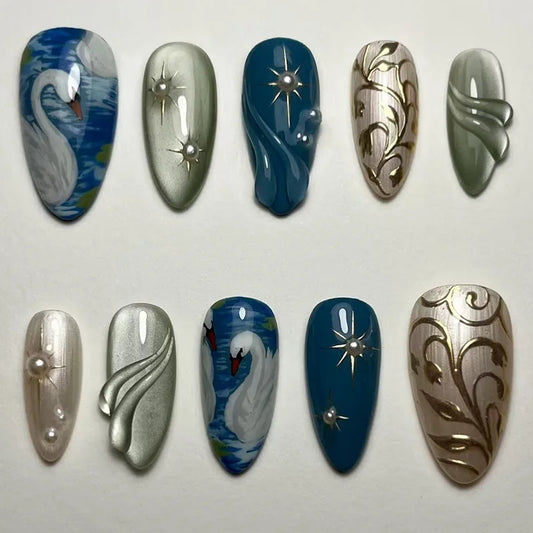 24pcs Flower Seashell False Nails Art Summer Beach Long Almond Press on Nails Tips French Gradient Blue Fake Nail Sets Finished
