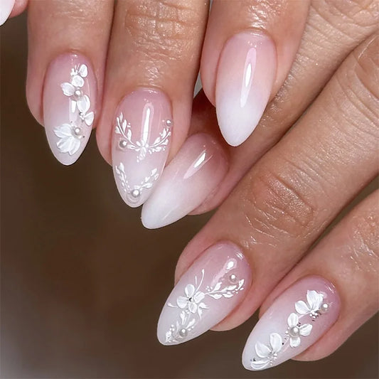 24Pcs Mid-length Almond Nails Set Press on With White Gradient French Design Fake Nails Pearl Reusable Finished False Nails Tips