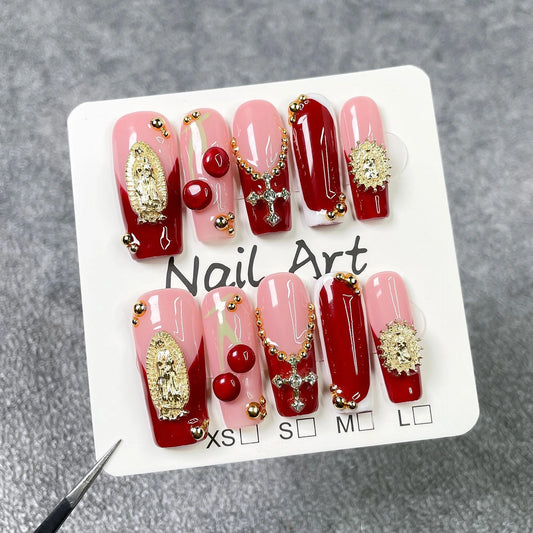 10Pcs Wine Red French Coffin Long Press on Nails Light Luxury Maximalism Golden Baroque Designs Stick on Retro Nails Detachable
